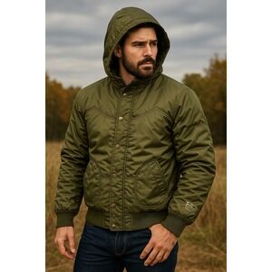 HQ ISSUE Men's Quilted Bomber Jacket Olive Green Nylon Zip Hood Military Style L